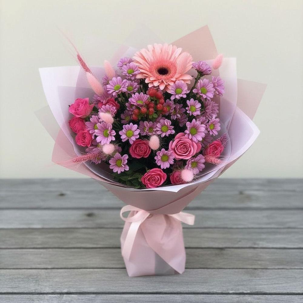 Букет цветов из: Розы, Герберы и Хризантемы в Агроном