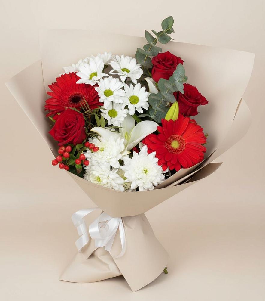 Букет цветов из: Розы, Хризантемы, Герберы и Лилии в Агроном