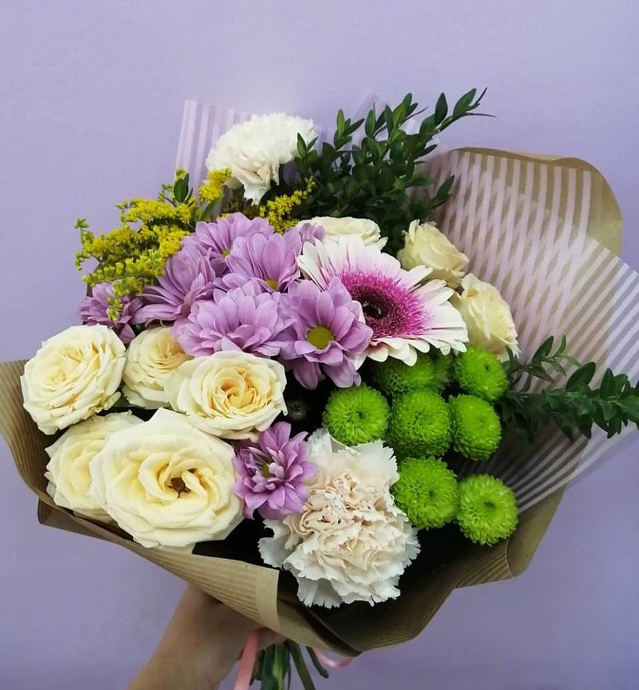 Букет цветов из: Хризантемы, Розы, Гвоздики и Герберы в Агроном