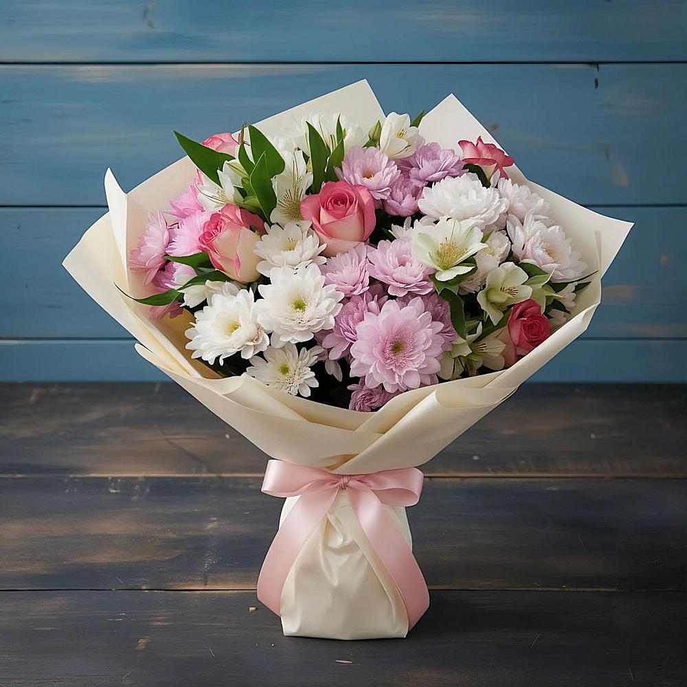 Букет цветов из: Хризантемы, Альстромерии и Розы в Агроном